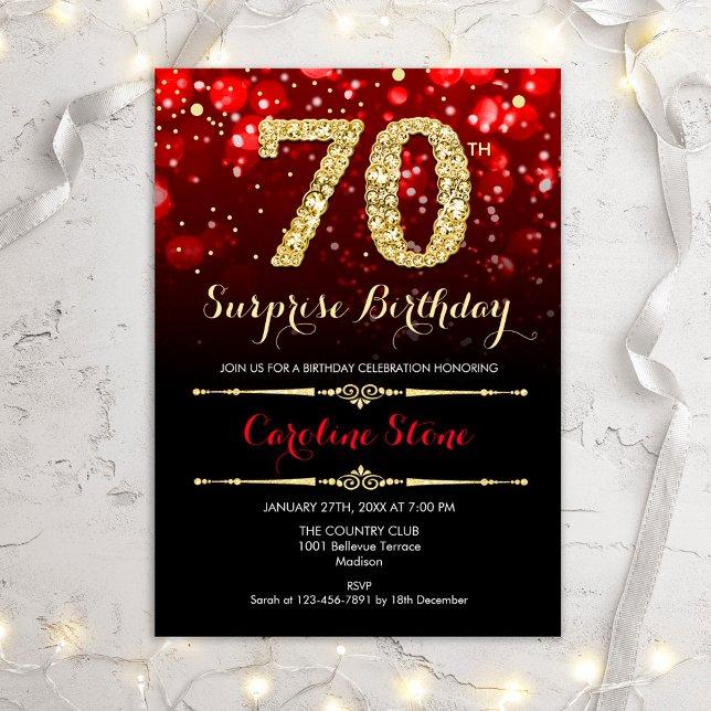 Invitación Sorpresa 70 cumpleaños - Oro Rojo Negro (Subido por el creador)