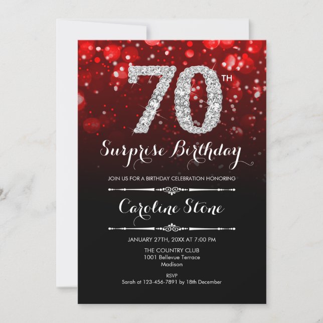Invitación Sorpresa 70 cumpleaños - Plata roja negra (Anverso)