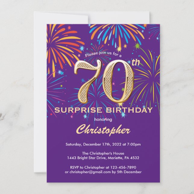Invitación Sorpresa 70 cumpleaños Purple y Gold Firework (Anverso)