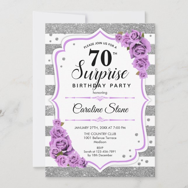 Invitación Sorpresa 70 cumpleaños - Púrpura Blanco Plateado (Anverso)