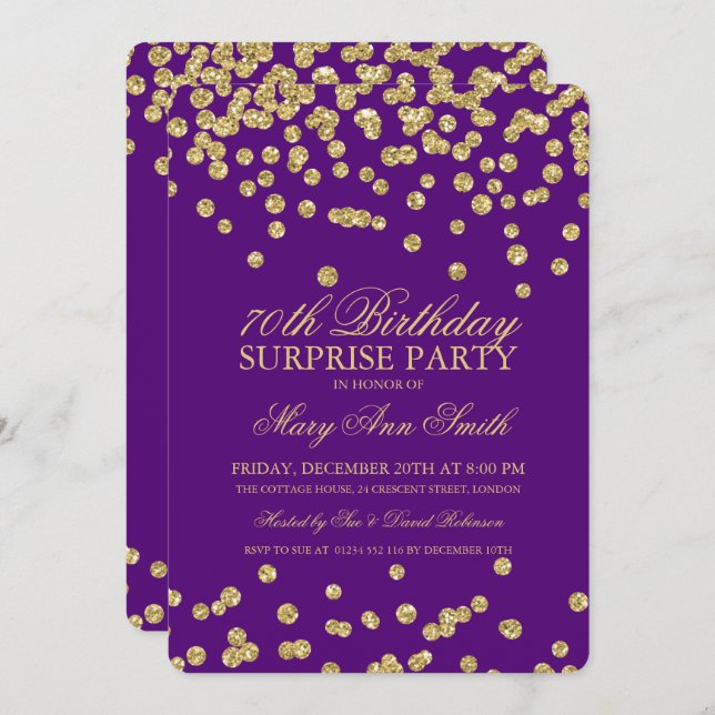 Invitación Sorpresa 70 cumpleaños Purpurina de oro morado (Anverso / Reverso)