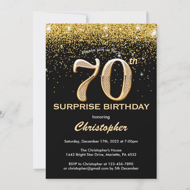 Invitación Sorpresa 70 cumpleaños Purpurina de oro y negro (Anverso)