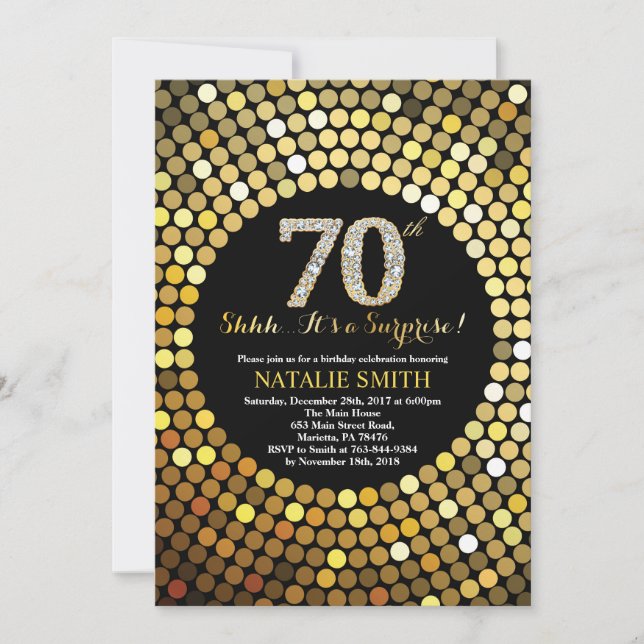 Invitación Sorpresa 70 cumpleaños Purpurina de oro y negro (Anverso)