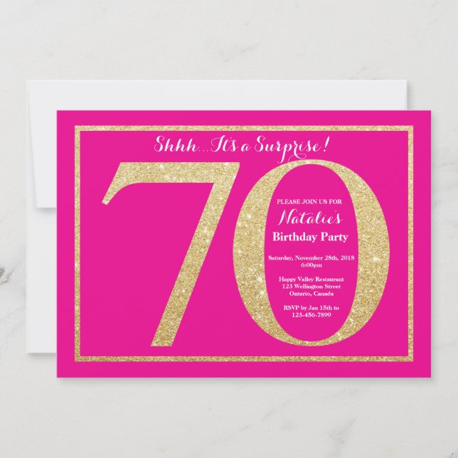 Invitación Sorpresa 70 cumpleaños Purpurina de oro y rosa cal (Anverso)