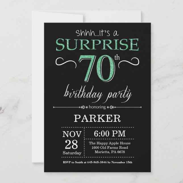 Invitación Sorpresa 70 cumpleaños Purpurina negro y verde (Anverso)