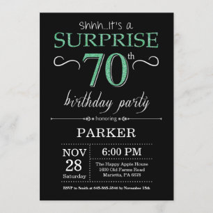 Invitación Sorpresa 70 cumpleaños Purpurina negro y verde