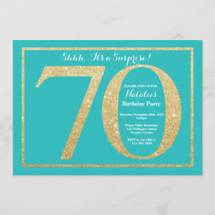 Invitación Sorpresa 70 cumpleaños Purpurina Verde azulado y d