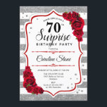 Invitación Sorpresa 70 cumpleaños - rojo blanco plateado<br><div class="desc">Sorpresa Invitación a los 70 Años. Diseño rojo y blanco femenino con una falsa plata purpurina. Presenta rayas,  rosas rojas,  letra de guión y confeti. Perfecto para una elegante fiesta de cumpleaños. Se puede personalizar para mostrar cualquier edad. Mándame un mensaje si necesitas más personalización.</div>