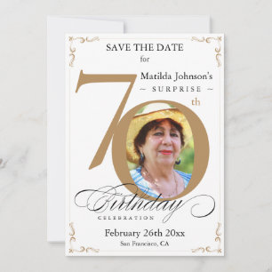 Invitación Sorpresa 70 cumpleaños Salvar la fecha dorada blan