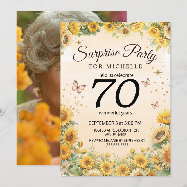 Invitación Sorpresa 70 Girasoles Mariposas (Anverso / Reverso)