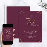 Invitación Sorpresa 70 y fabuloso cumpleaños de Borgoña y Oro<br><div class="desc">Es una sorpresa especial el cumpleaños 70, ¡y es hora de celebrarlo! ¿Quieres lanzar el mejor bash de la ciudad? Asegúrese de que comienza con el más alto estilo con esta invitación de cumpleaños de 70 y Fabulosa caligrafía blanca y dorada de Borgoña. Seguramente marcará el tono para una celebración...</div>