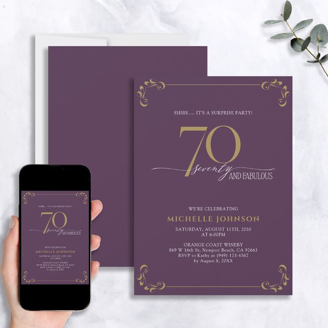 Invitación Sorpresa 70 y fabuloso cumpleaños morado y dorado (Subido por el creador)