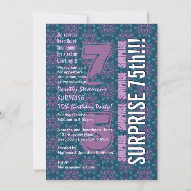 Invitación SORPRESA 75 Aniversario moderno morado y Verde azu (Anverso)