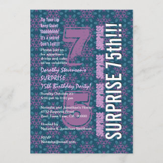 Invitación SORPRESA 75 Aniversario moderno morado y Verde azu