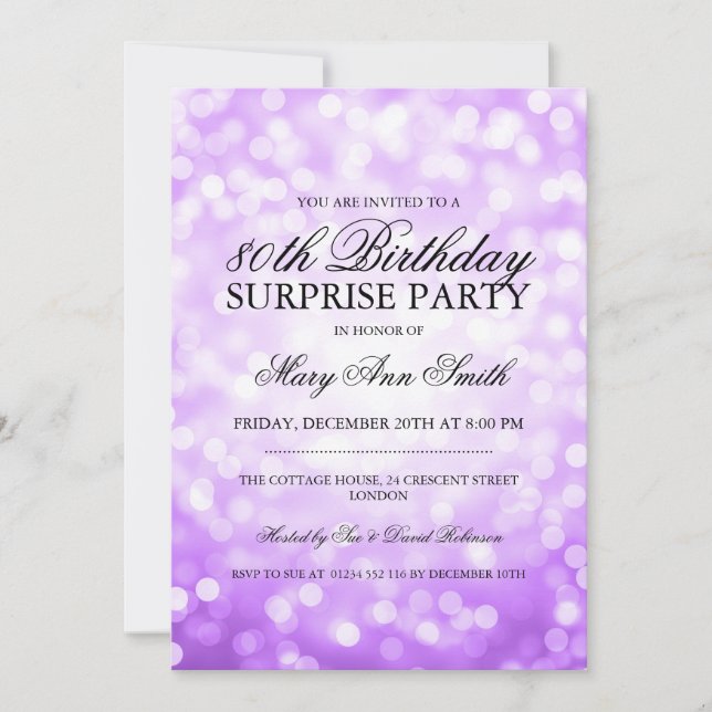 Invitación Sorpresa 80.ª fiesta de cumpleaños Luces de Purpur (Anverso)