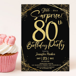 Invitación Sorpresa 80.ª fiesta de cumpleaños Purpurina negro