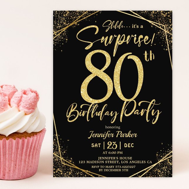 Invitación Sorpresa 80.ª fiesta de cumpleaños Purpurina negro (Subido por el creador)