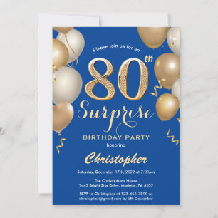Invitación Sorpresa 80.º Balón Azul y Oro de cumpleaños