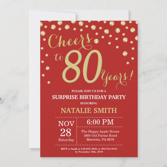 Invitación Sorpresa 80.º cumpleaños Diamante Rojo y Oro (Anverso)