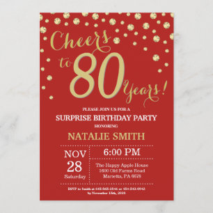 Invitación Sorpresa 80.º cumpleaños Diamante Rojo y Oro
