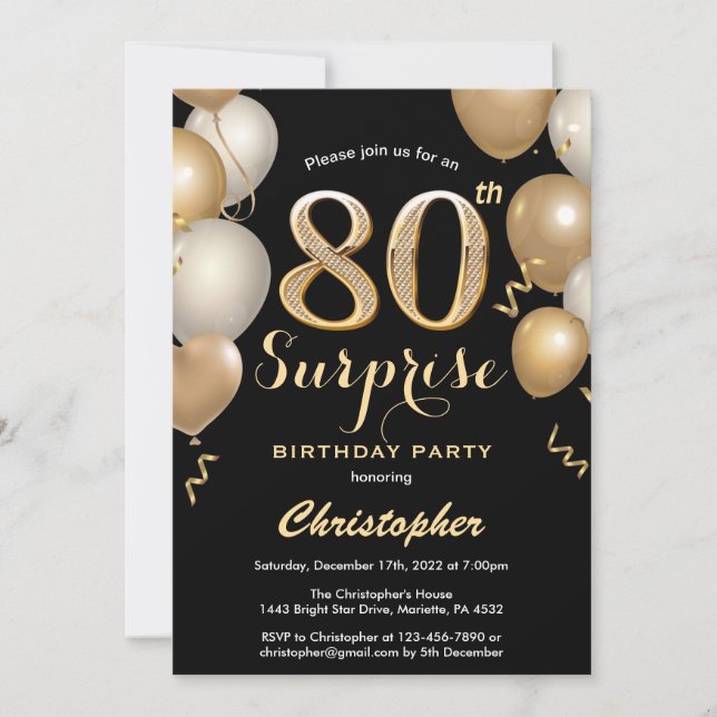 Invitación Sorpresa 80.º cumpleaños Globos de oro y negro (Anverso)