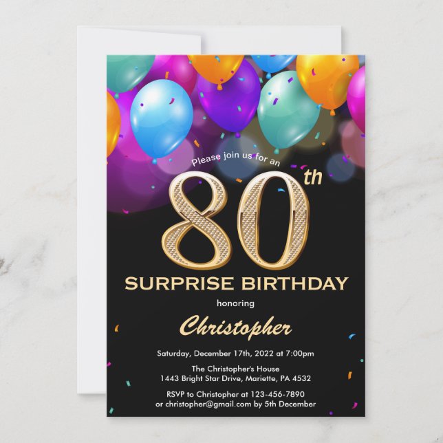 Invitación Sorpresa 80.º cumpleaños Globos de oro y negro (Anverso)