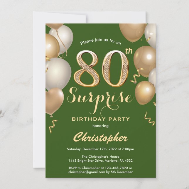 Invitación Sorpresa 80.º Globo Verde y Oro de cumpleaños (Anverso)