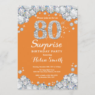 Invitación Sorpresa 80.º Naranja de cumpleaños y diamante pla