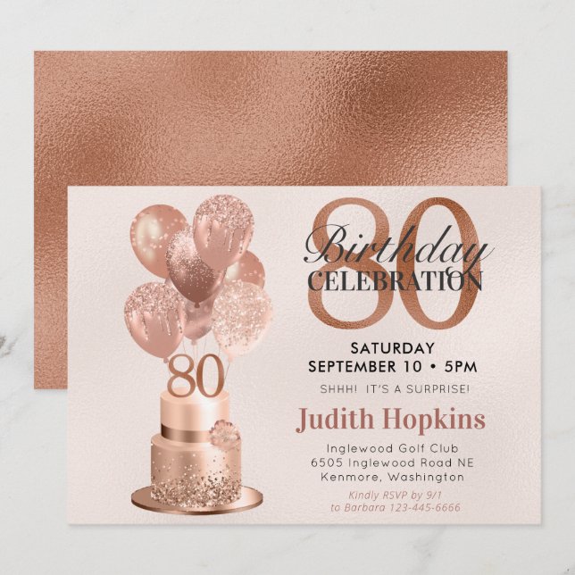 Invitación Sorpresa 80.º Pastel de Oro Rosa de cumpleaños (Anverso / Reverso)
