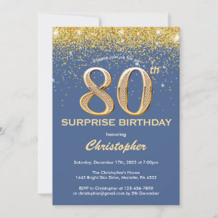 Invitación Sorpresa 80.º Purpurina de oro y azul de cumpleaño
