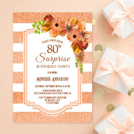 Invitación Sorpresa 80 cumpleaños Apricot a rayas Floral