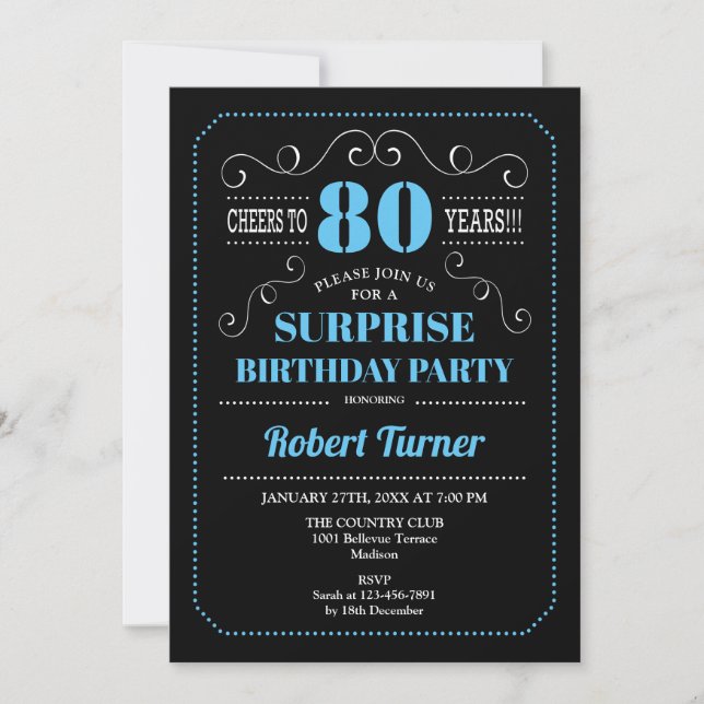 Invitación Sorpresa 80 cumpleaños - Azul negro (Anverso)