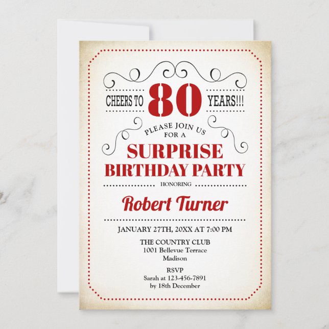 Invitación Sorpresa 80 cumpleaños - Blanco Rojo Negro (Anverso)