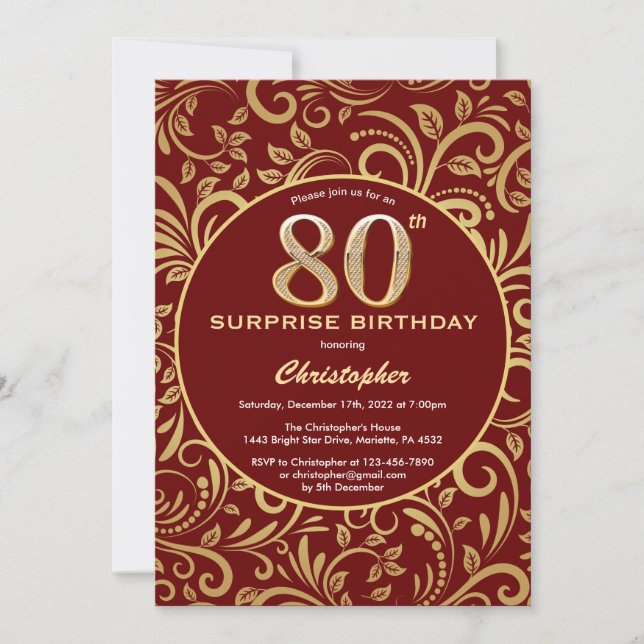 Invitación Sorpresa 80 cumpleaños Borgoña Red & Gold Floral (Anverso)