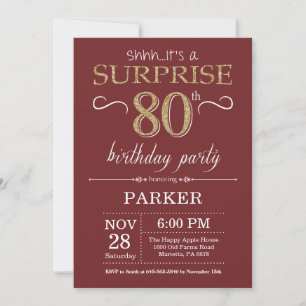 Invitación Sorpresa 80 cumpleaños Borgoña y Purpurina de oro