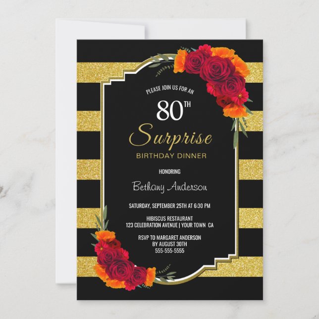 Invitación Sorpresa 80 cumpleaños cena Black Gold Striped (Anverso)