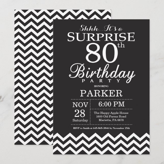 Invitación Sorpresa 80 cumpleaños Chevron blanco y negro (Anverso / Reverso)