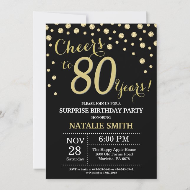 Invitación Sorpresa 80 cumpleaños Diamante negro y oro (Anverso)