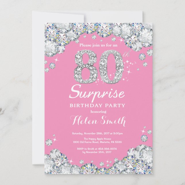 Invitación Sorpresa 80 cumpleaños Diamante rosa y plateado (Anverso)