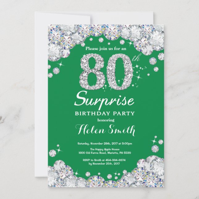 Invitación Sorpresa 80 cumpleaños Diamante verde y plateado (Anverso)