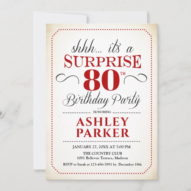 Invitación Sorpresa 80 cumpleaños fiesta - Blanco Rojo Negro (Anverso)