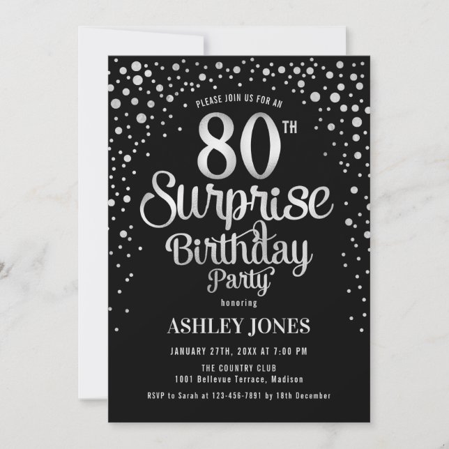 Invitación Sorpresa 80 cumpleaños fiesta - Plata y Negro (Anverso)
