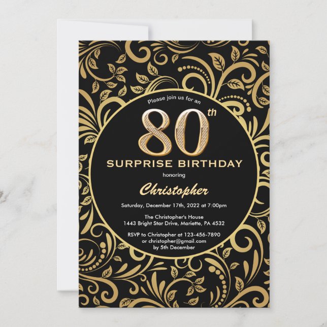 Invitación Sorpresa 80 cumpleaños Floral de oro y negro (Anverso)