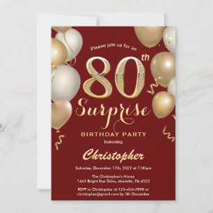 Invitación Sorpresa 80 cumpleaños Globos de oro y rojo oscuro