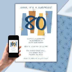 Invitación Sorpresa 80 cumpleaños Mediosiglo Azul moderno