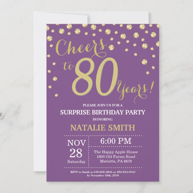 Invitación Sorpresa 80 cumpleaños morado y diamante dorado (Anverso)