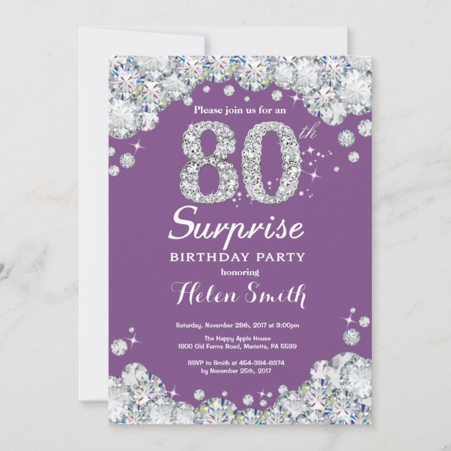 Invitación Sorpresa 80 cumpleaños morado y diamante plateado (Anverso)