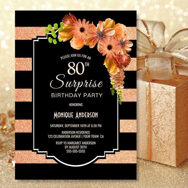 Invitación Sorpresa 80 cumpleaños Naranja a rayas Floral (Subido por el creador)