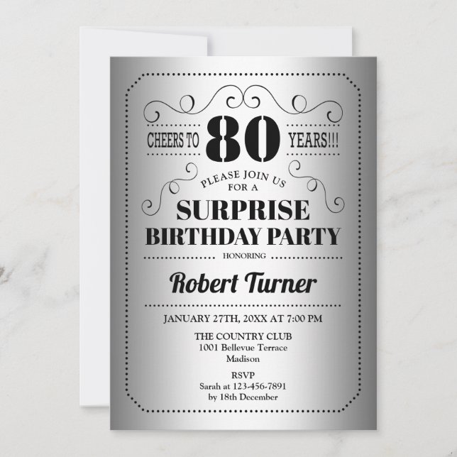Invitación Sorpresa 80 cumpleaños - negro plateado (Anverso)