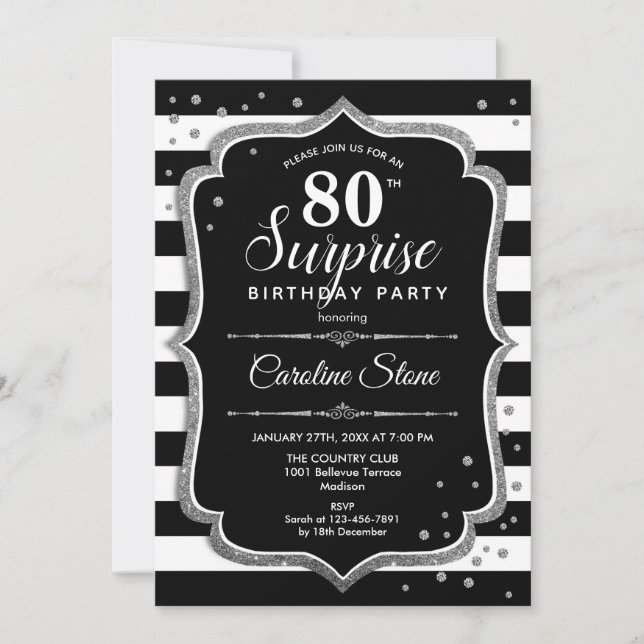 Invitación Sorpresa 80 cumpleaños - Plata blanca negra (Anverso)